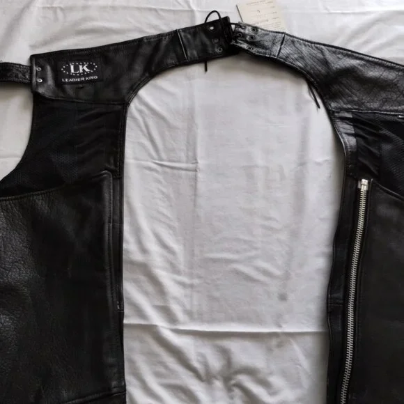 LEATHER KING Black Leather MOTORCYCLE CHAPS Size LARGE